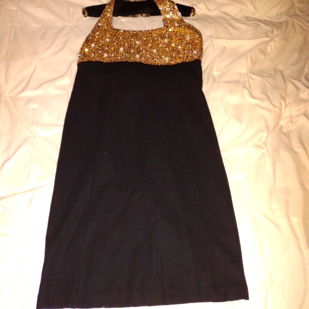 Evening Dress, Halter-style with Gold Sequins and Pearls, Plus size 18